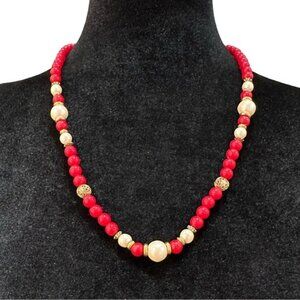 Vintage 1928 Red & Gold Beaded Necklace With Faux Pearl Accents
